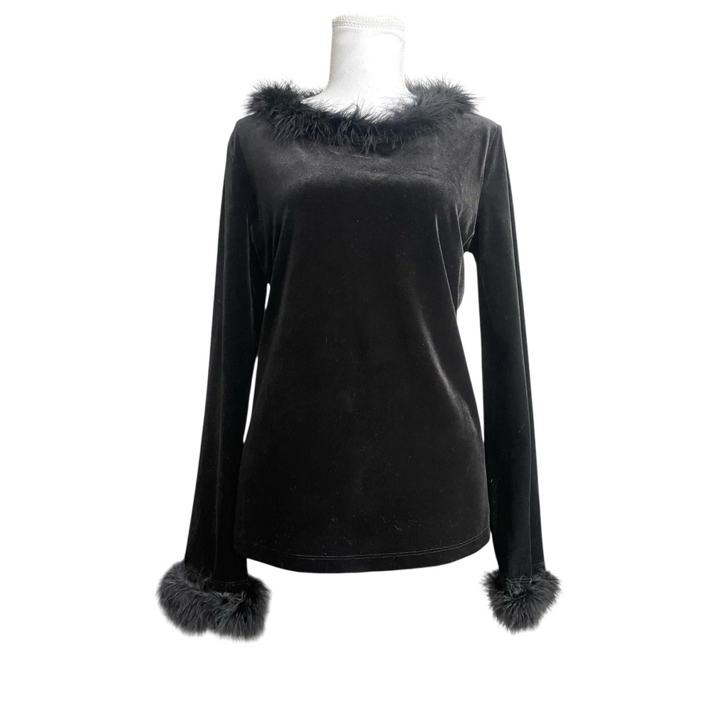 Vintage 90s Black Velvet Long Sleeve Top Fur Feather Trim Vampy Gothic Glam Sz M - Picture 3 of 12